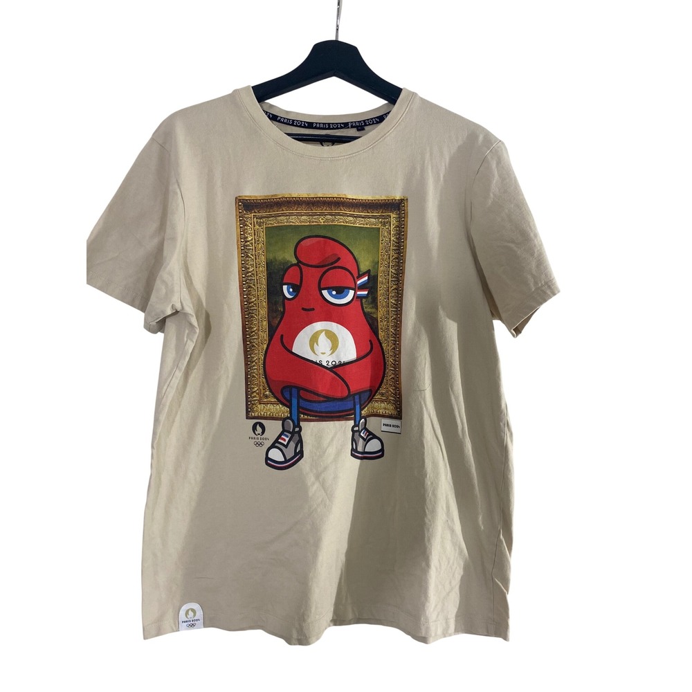 Paris 2024 Olympics T-Shirt Mens L Beige Excellent Phryge Mascot Graphic Tee